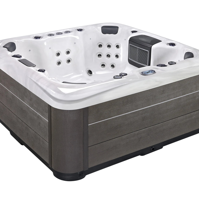 Luxury 7-seat Portable Freestanding Rectangular Acrylic Hot Tub with 70 Nozzles, LED Lighting, and Spa Massage Function.