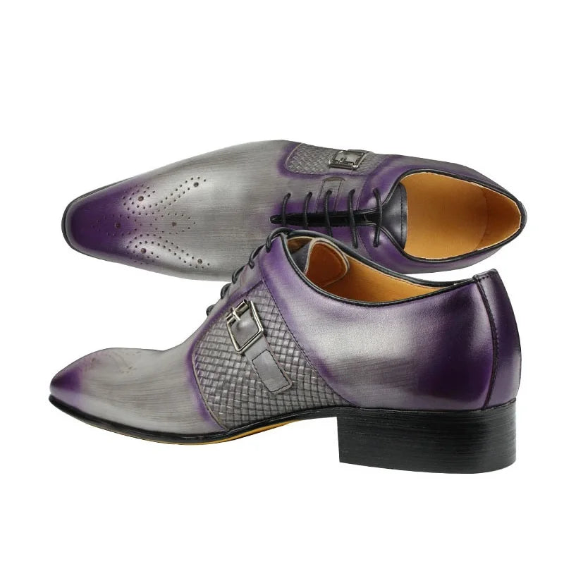 Summer Modern Men's Shoe Lace-Up Oxfords Business Office Fashion Footwear Metal Buckle Classic Gray Purple Dress Office Shoe