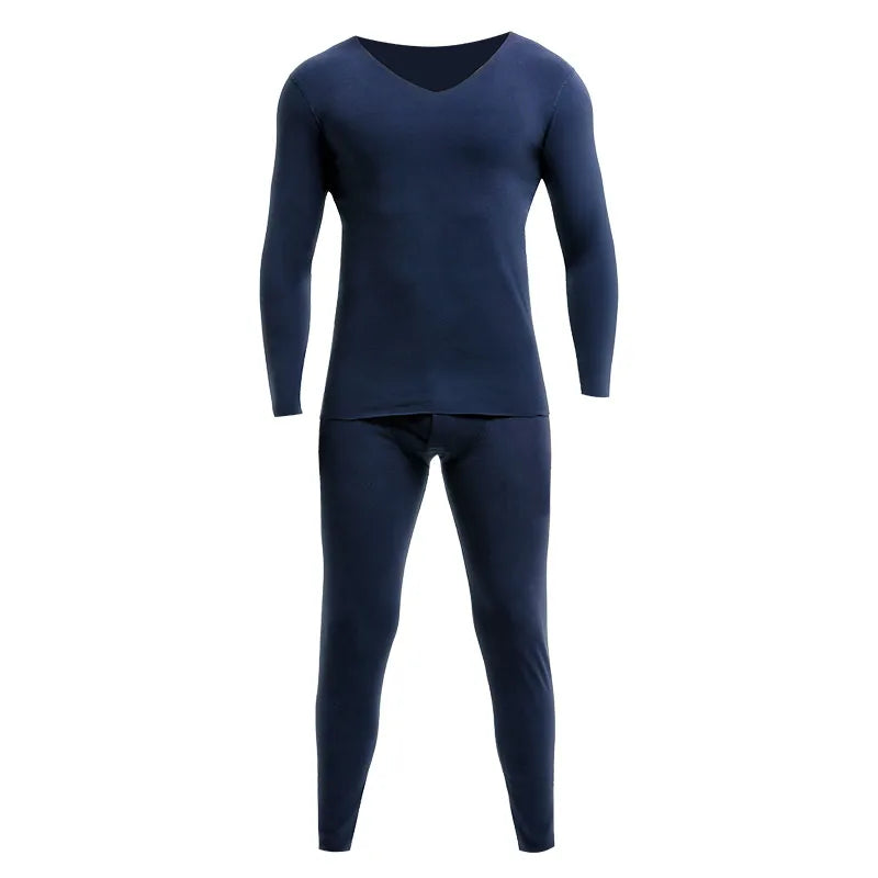 Men's Thermal Underwear Set, Fleece-Lined and Thickened, Basic Seamless Cotton Base Layer Top and Bottom for Autumn and Winter