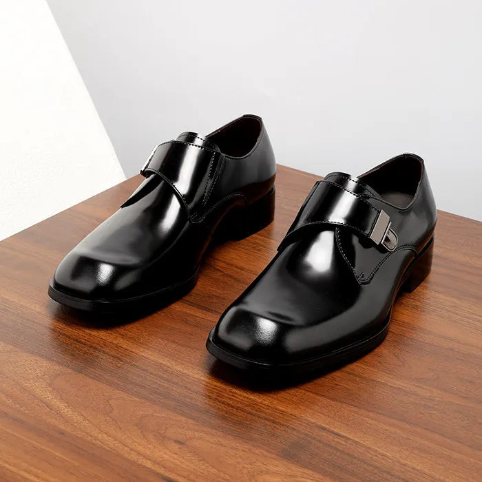 2026 Brown Arrival British Style Genuine Leather Men's Dress Shoes Buckle Square Toe Shiny Wedding Shoes Fashion