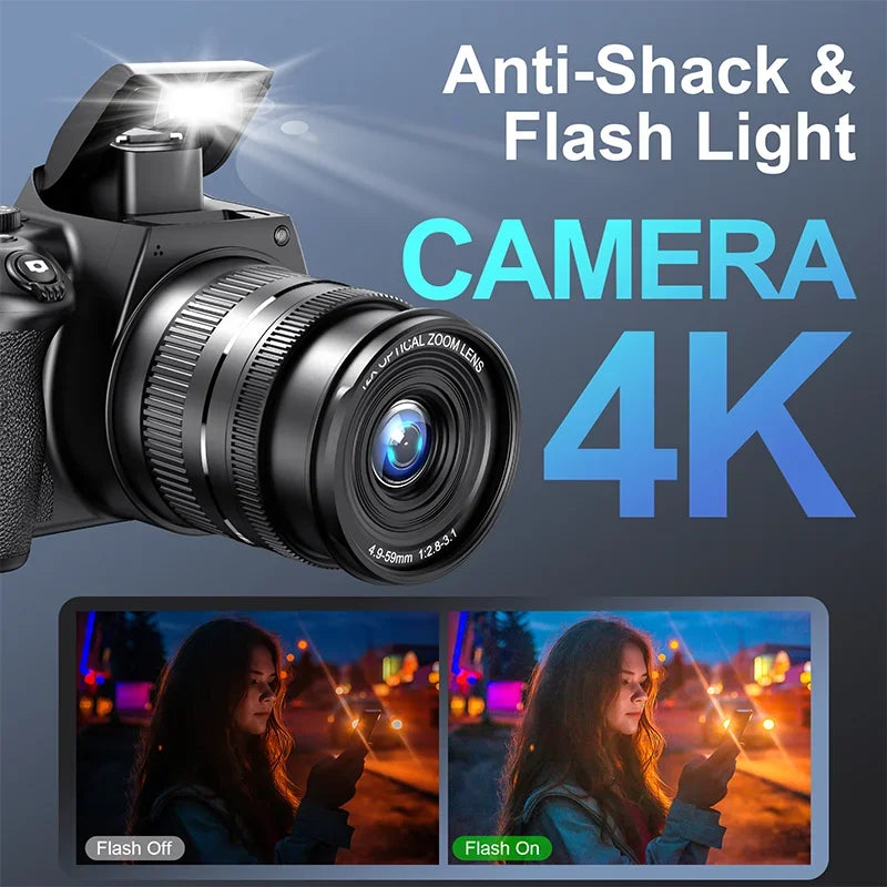 4K DSLR Digital Camera 3-Inch 72MP Photography Camera with 12X Optical Zoom 180° Flip Screen Autofocus for Ins YouTube Webcast