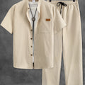 Men's Khaki Waffle Set, Stand Collar Short Sleeve Shirt | SAMAG