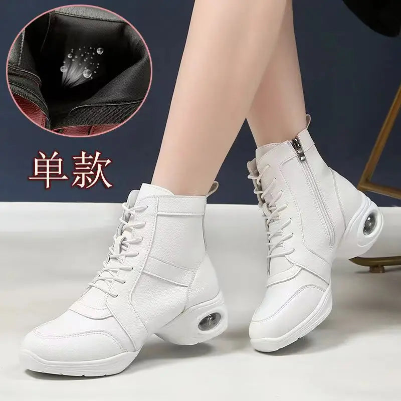 Women's Dancing Shoes Soft Bottom Leather mid Heel Black Mesh Breathable Square Dance Shoes Jazz Sailor Dance Footwear