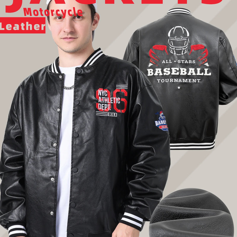 Men's Faux Leather Jackets Varsity Embroidered Baseball Coat Casual Daily Motorcycle Windbreaker Outerwear New in Jacket