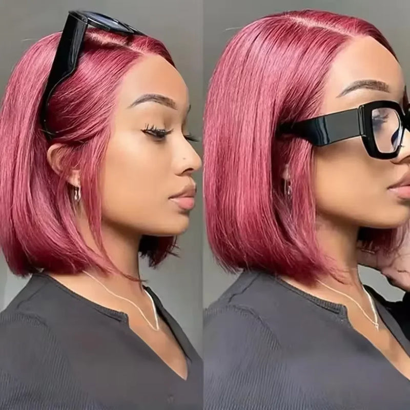 Burgundy Bob Wig 4C Hair Human Hair 13x6x1 Frontal Lace Straight Bob Wigs 99J Red Short Bob Wig Middle Part 100% Human Hair Wig