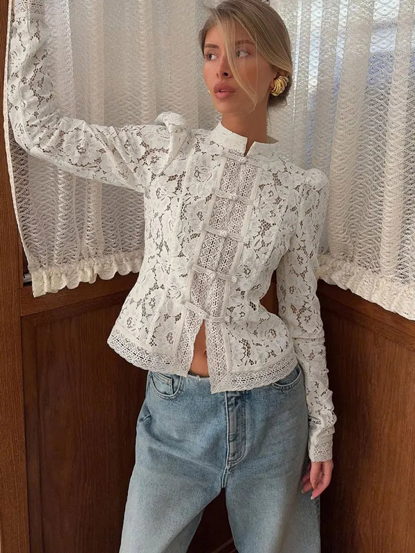 Tossy Summer Lace Printed Shirts Tops Female Hollow Out - View 2 | SAMAG