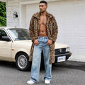 2026 Men Faux Fur Leopard Print Long Coat Full Sleeve Thick Warm Jackets Lapel Loose Streetwear Cardigan Jacket Autumn Winter