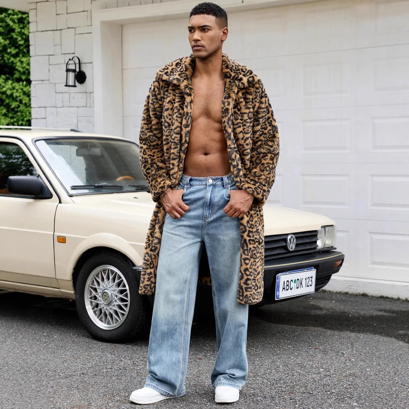 2026 Men Faux Fur Leopard Print Long Coat Full Sleeve Thick Warm Jackets Lapel Loose Streetwear Cardigan Jacket Autumn Winter