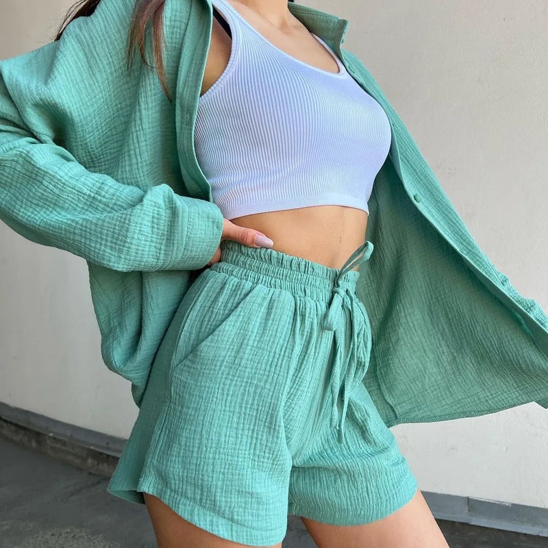 2025 Spring Women's Long Sleeve Solid Color Shirt and Shorts Casual Suit, Suitable for Commuting and Leisure Streetwear