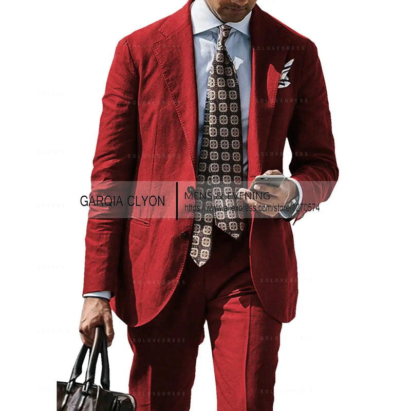 2025 New Casual Men's Suit Jacket Summer Spring Blazer Two Bottom Breathable Cotton Linen Coat 2 Pieces( Jacket+Pants )