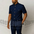 Men's Grey Mandarin Collar Suit Set Short Sleeves Multi-Pocket Jacket and Trousers Fashion Formal Smart Casual Wedding Suits