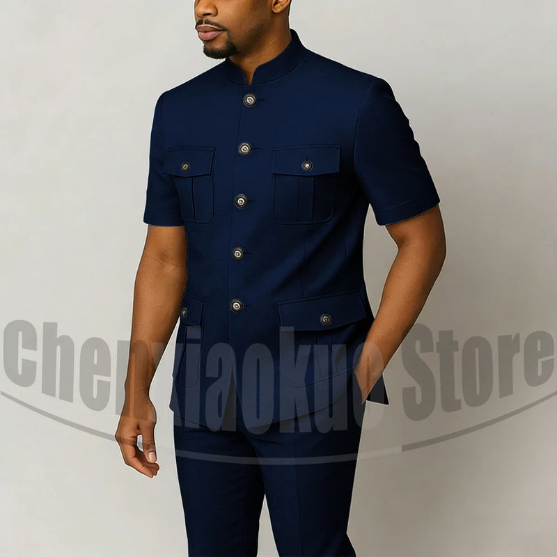 Men's Grey Mandarin Collar Suit Set Short Sleeves Multi-Pocket Jacket and Trousers Fashion Formal Smart Casual Wedding Suits