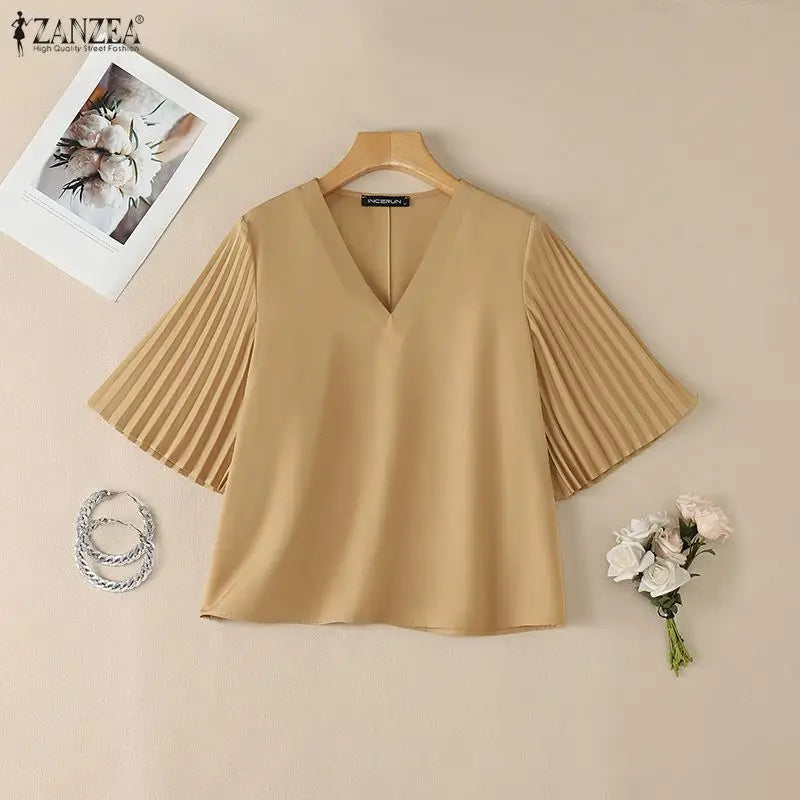 ZANZEA Summer Elegant V Neck Short Sleeve Blouse Women - View 3 | SAMAG