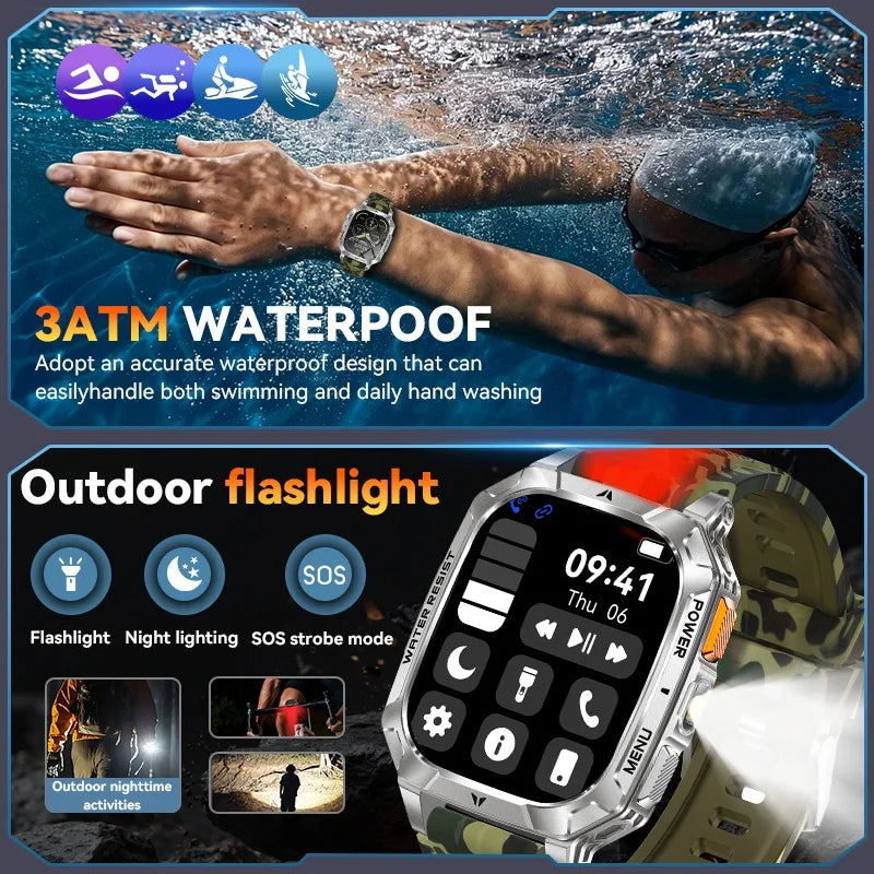 LIGE Militray 1400mAh Large Battery Smart Watch Men 2.01"HD Screen LED Flashlight & SOS Light BT Call Health Monitor Smartwatch