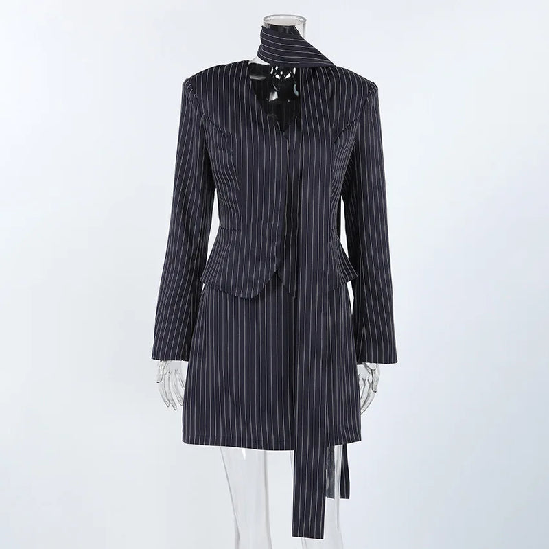 Women's Matching Sets 2026 Woman Navy Blue Striped V-neck Waist Small Suit Top Short A-shaped Skirt Women's Two-piece Set