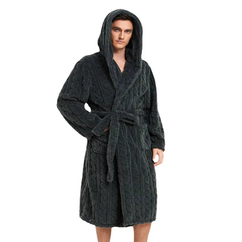 The New Fall and Winter Men's Warm Robe Pajamas Couple Robe Shu Cotton Velvet Jacquard Hooded Thickened Couple Robe Homewear