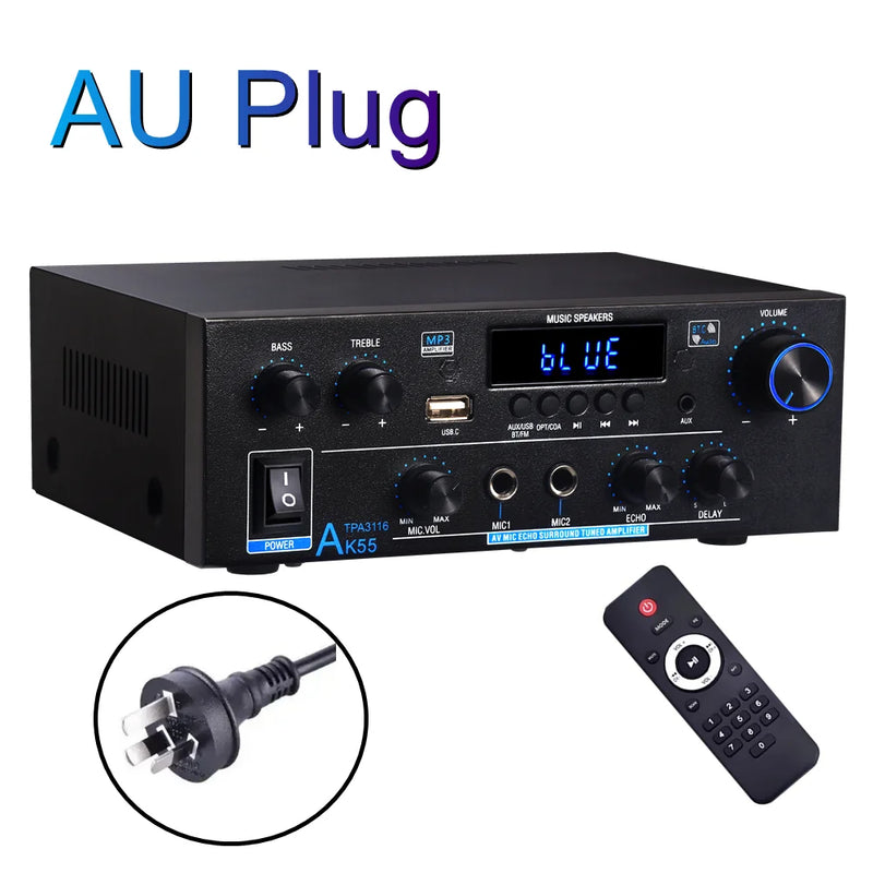 Woopker Digital Amplifier AK55 Audio Bass Audio Power Bluetooth Home Amplifier Hifi FM Auto Music Subwoofer Speakers USB SD Mic