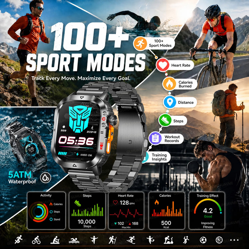 New Bumblebee Military Smart Watch 1000mAh Bluetooth Call LED Flashlight BP Monitor 100+Sports 5ATM Waterproof For iOS Android