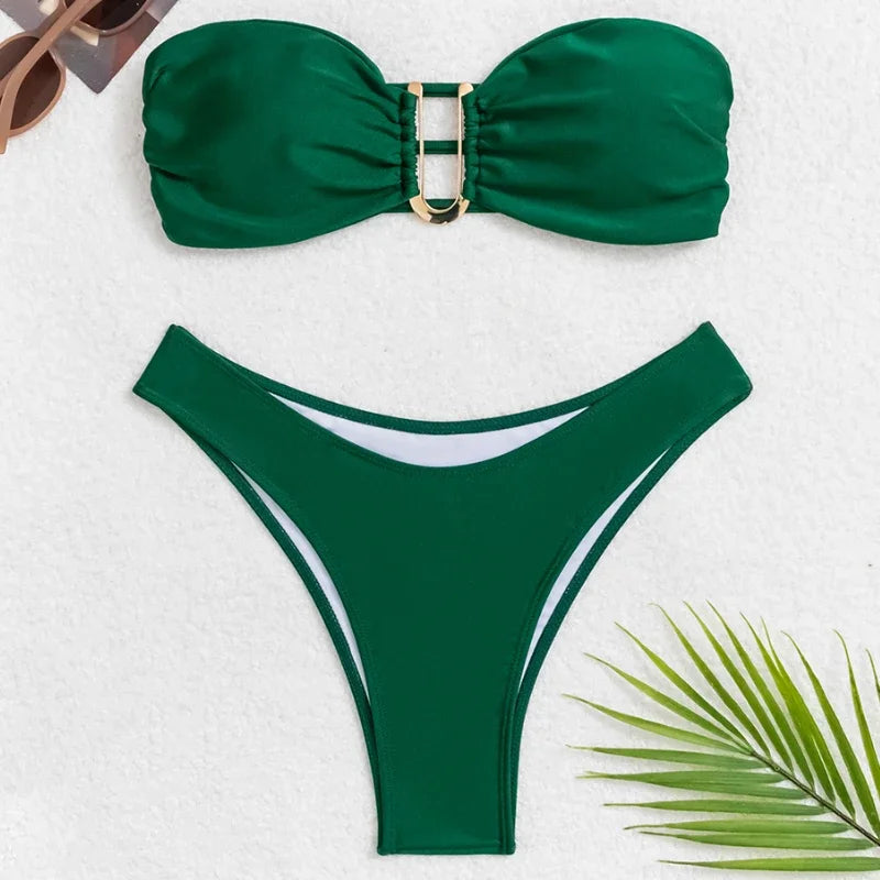 Summer Push Up Bandeau Swimsuit Straps Bikini Set Solid | SAMAG