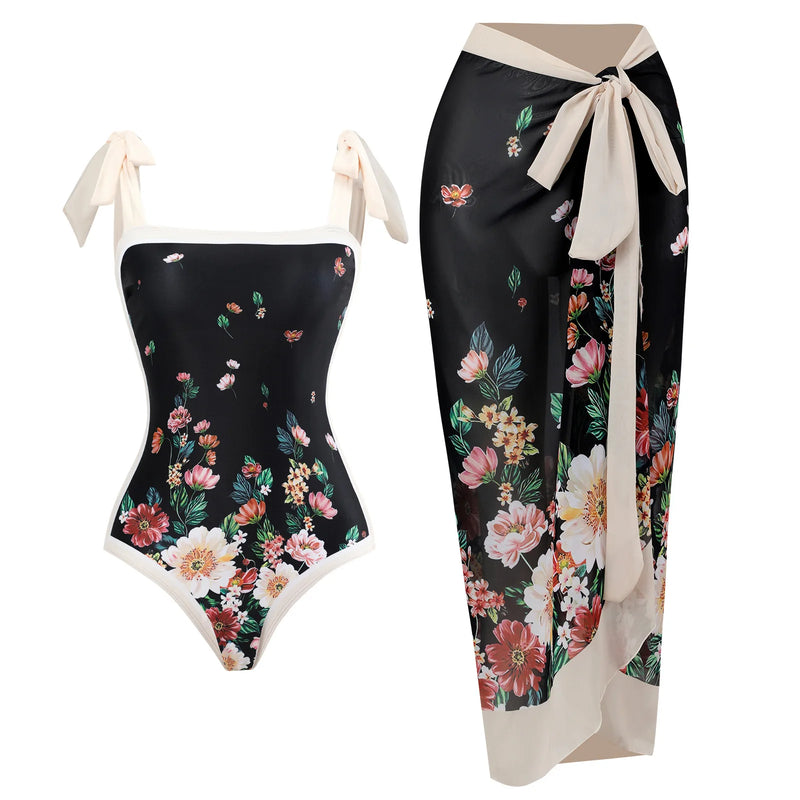 Fashion Women Cover Swimsuit Retro Print Gorgeous One-Piece Suit with Swimwear Beach Casual Swimwear Skirt That Wraps Hips