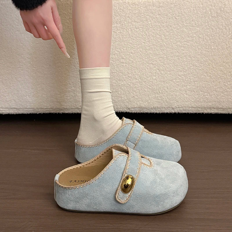Women's Ladies Suede Flat Clogs Mules Slides with Contrast Stitching Closed Toe Slip On Comfotrable Casual Daily Slippers Shoes