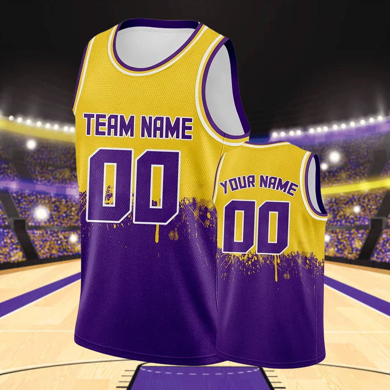 Custom Basketball Jersey Tank Top Printed Team Name & Number Logo for Adult Kid Youth, Personalized Gold Purple Basketball Shirt