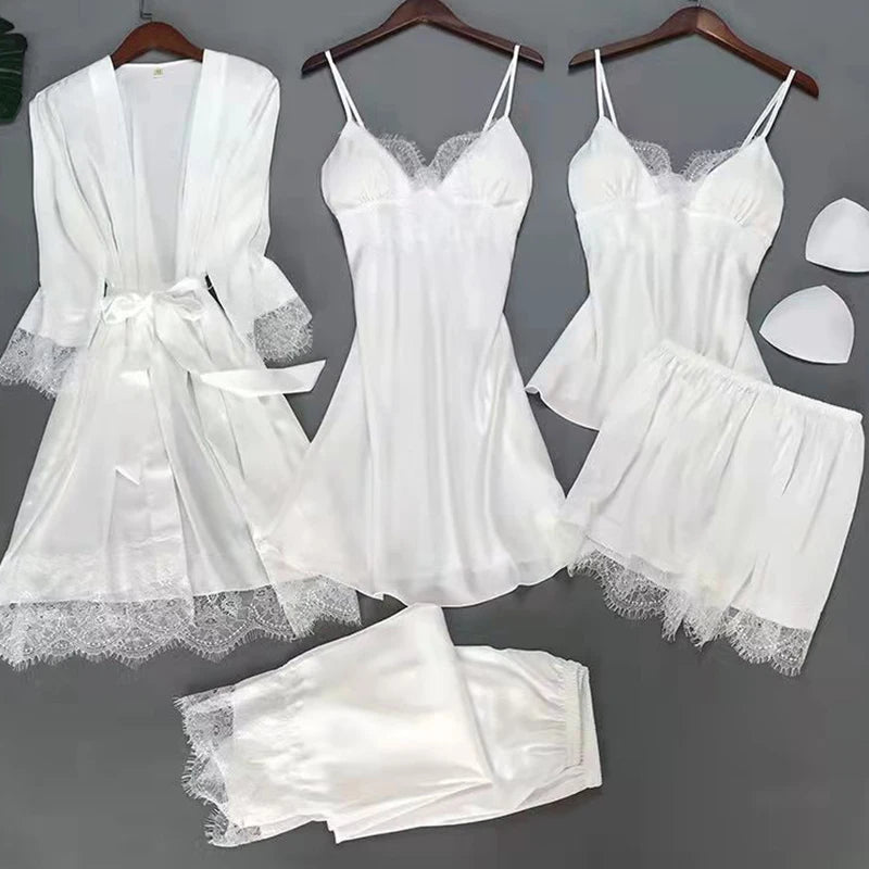 White Sleep Set Pajamas Lady Lace Satin Pyjamas Kimono | SAMAG