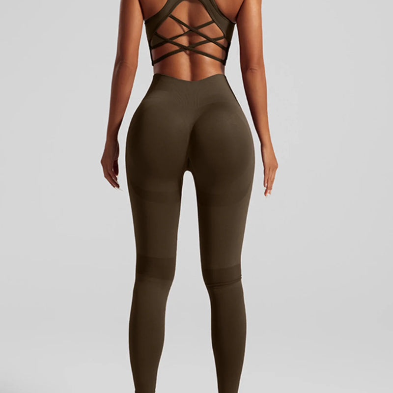 Women's Seamless Workout Set High Waisted Yoga Pants & Sports Bra with Removable Pads Booty Lifting for Running Training