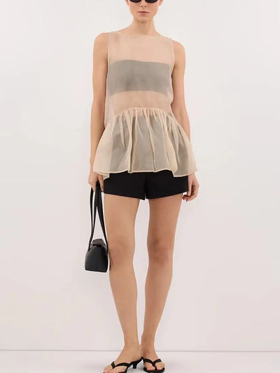 LIMO Sheer Mesh Sleeveless Top Women Ruffle Hem Flowy | SAMAG