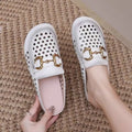 Women's Hollow Out Mules Summer Closed Toe Slippers Soft Leather Sole Horsebit Loafers Breathable Outdoor Flat Lazy Slides