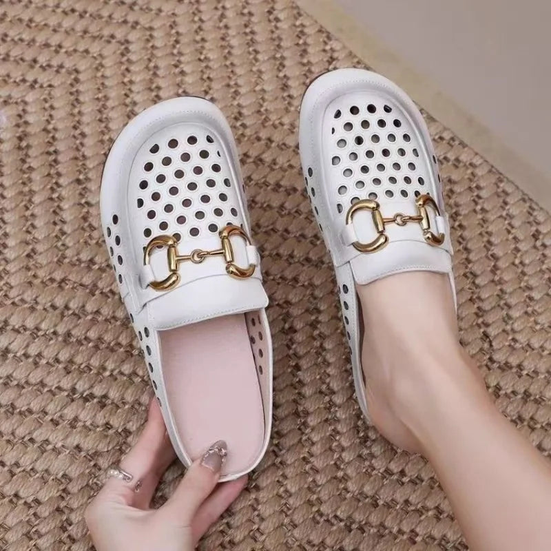Women's Hollow Out Mules Summer Closed Toe Slippers Soft Leather Sole Horsebit Loafers Breathable Outdoor Flat Lazy Slides