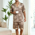2pcs Men's Geometric Print Pajama Set Stylish Brown Short-Sleeve Shirt with Elastic Waist Shorts Comfortable Polyester Sleepwear
