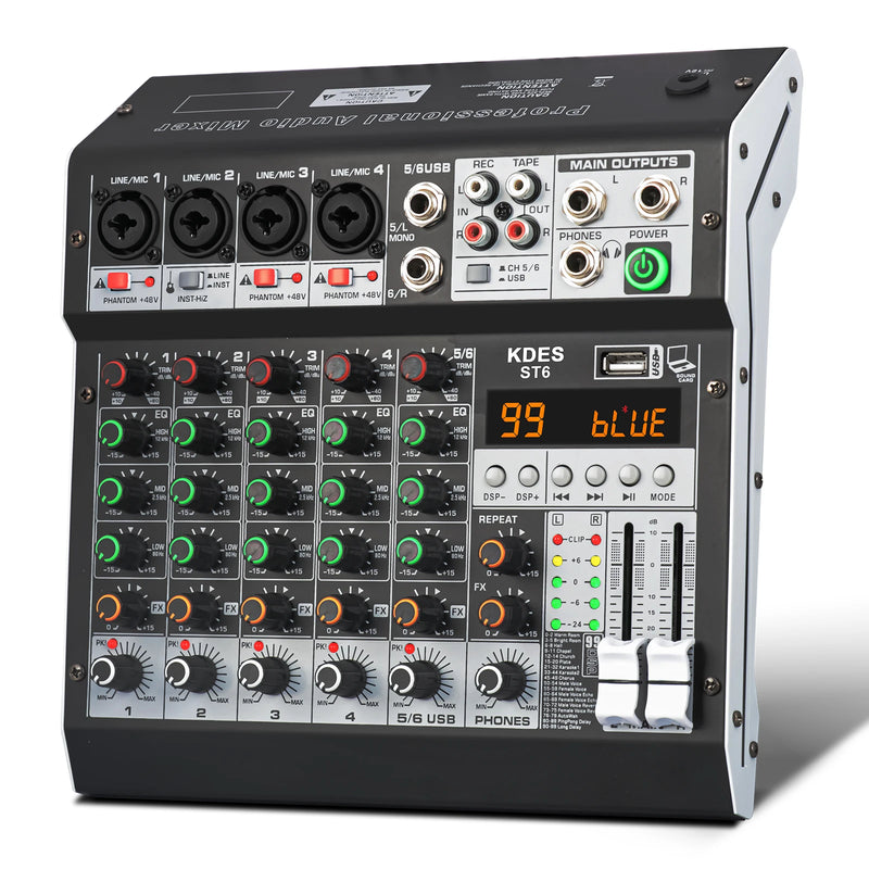 KDES Audio Mixer 4-6-8 Channel 99 DSP Effect Record PC 48V Phantom Power USB Sound Mixers Bluetooth DJ Console Mixing for Karaok