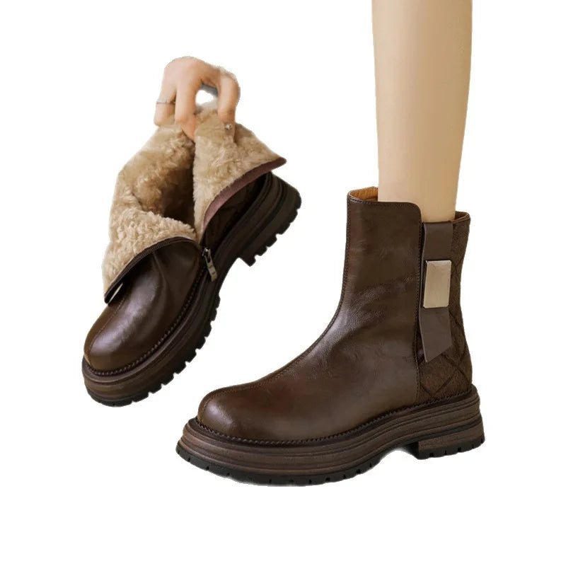 Autumn Winter New Women's Ankle Boots High Quality Wool Warm Platform Leather Boots British Chelsea High Heels Ladies Snow Boot