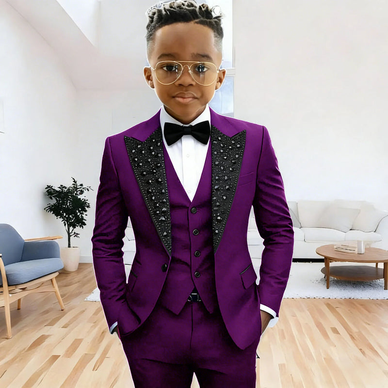 Black Suit for Boys Evening Party Tuxedo Kids Wedding Beaded Crystals Suit 3 Piece Boy Suit Jacket Pants Vest Formal Prom Dress