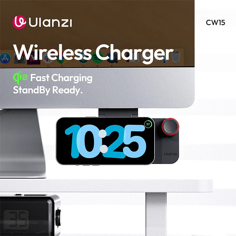 Ulanzi CW15 Wireless Charger Qi2 15W Fast Charging StandBy Ready Instant Magnetic Snap Multimedia Smart Dial Control for Studio