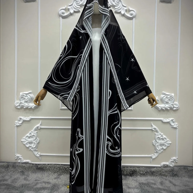 Eid Women Abaya Print Headscarf Cardigan Dress Muslim | SAMAG