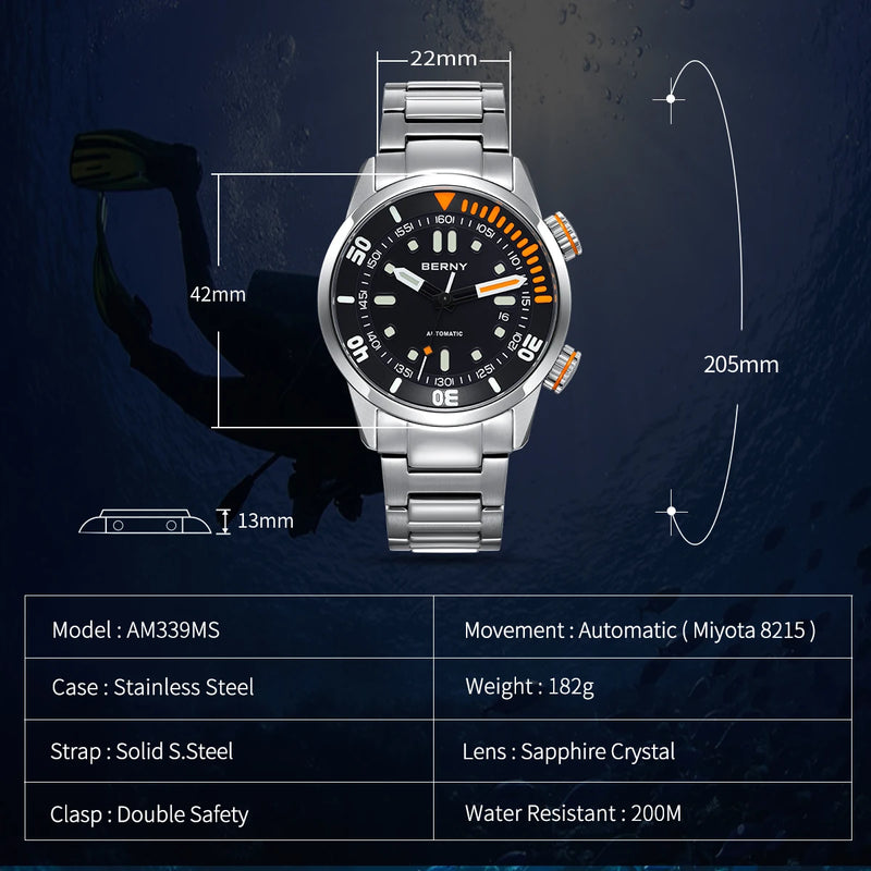 BERNY Automatic Dive Watch for Men Super Luminous 20ATM Diver Wristwatch Original Top Sapphire Swim Sport Mechanical Male Watch