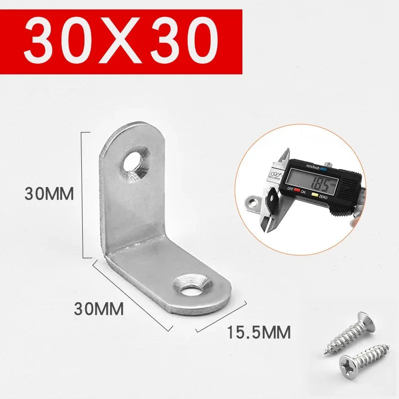 Corner Bracket Connector Brace (Stainless Steel) - 90 Angle Iron Joint Fastener for Furniture Cabinet Screens Shelf Support
