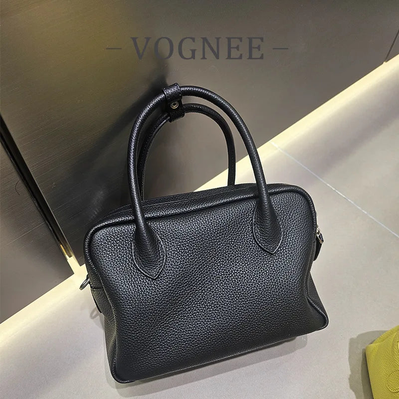 Genuine Leather Women's Boston Bag, New Niche Design Double Zipper Simple Wide Shoulder Strap Fashion Portable Shoulder Bag
