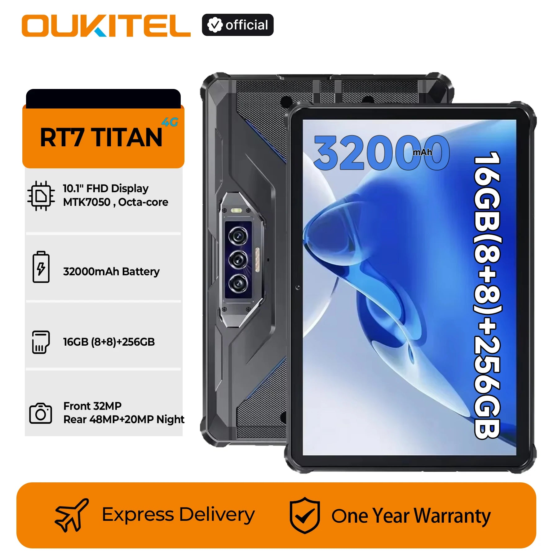 OUKITEL RT7 TITAN 4G Rugged Tablet 32000mAh Battery 24GB+512GB Dimensity 7050 Octa Core IP68/IP69K Waterproof 48MP Night Vision