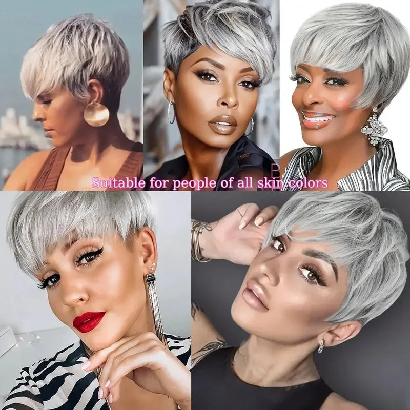 Short Gray Human Hair Wigs for Women with Bangs Layered Pixie Cut Wig Straight Hair with Machine Made Wig Bazilian Remy Hair
