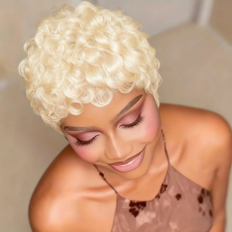 Layered Short Loose Curly Pixie Cut Human Hair Wig With Bangs Full Machine-Made Wig  for Women