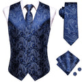 Hi-Tie Navy Blue Mens Vest Formal Paisley Waistcoat Jacket Tie Handkerchief Cufflinks Set For Male Dress Suit Wedding Party
