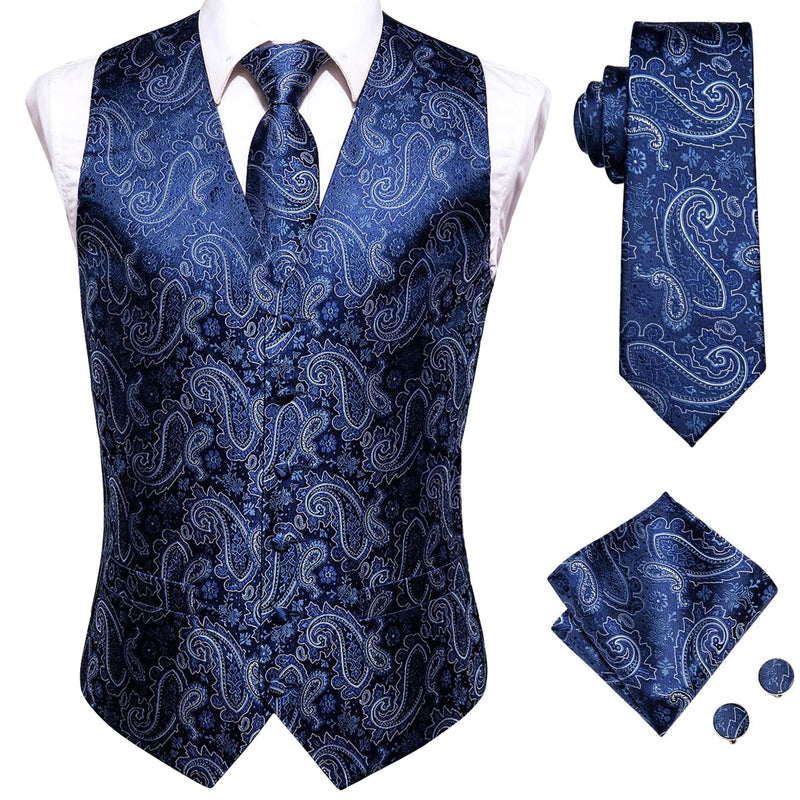 Hi-Tie Navy Blue Mens Vest Formal Paisley Waistcoat Jacket Tie Handkerchief Cufflinks Set For Male Dress Suit Wedding Party