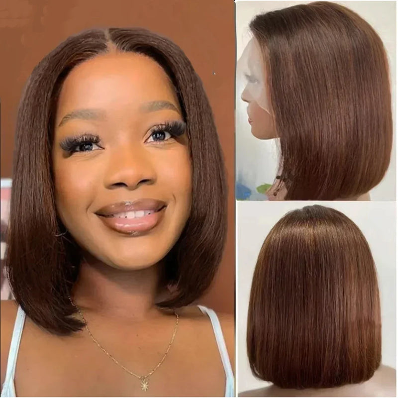 8-14 Short Inch Chocolate Brown Straight Bob Human Hair Wigs #4 Colored 200 Density 13x4 HD Straight Full Lace Front Wigs