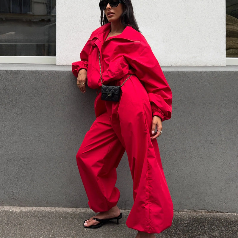 Women Hood Stand Collar Loose Jumpsuit Long Sleeve Elastic Waist Wide Leg Overalls Casual Streetwear One Piece Outfit For Ladies