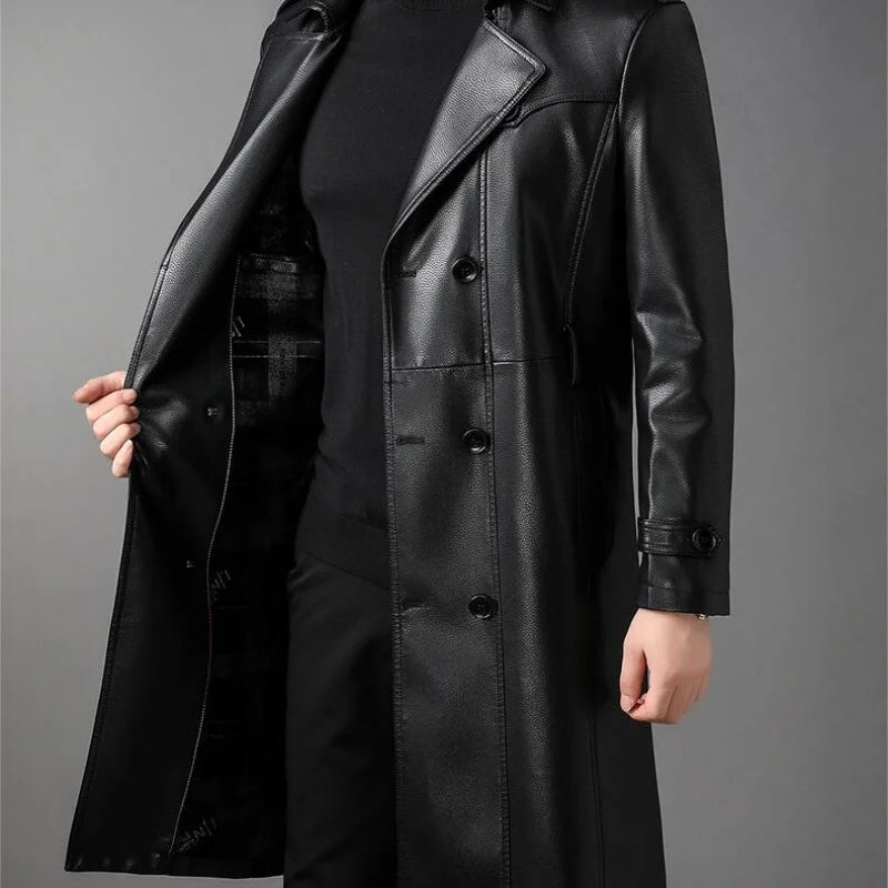 Men Leather Jacket Fall Winter Genuine Jackets Man Clothes Long Warm Plush Coats Casual Fashion Windbreak Trench Coat