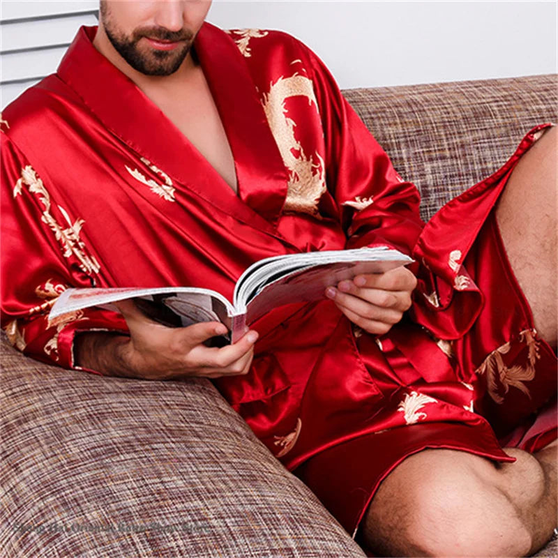 Men's Ice Silk Sleepwear Kimono Bathrobe Gown Long Robe Pajamas Two Piece Set Print Tiger Loose Casual Homewear Lounge Wear