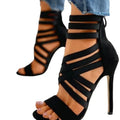 Women's Sandals Elastic Band Cross High Heels Sexy Peep Toe Pumps Summer New Back Zipper Sandals Black Pointed Toe Women Shoes